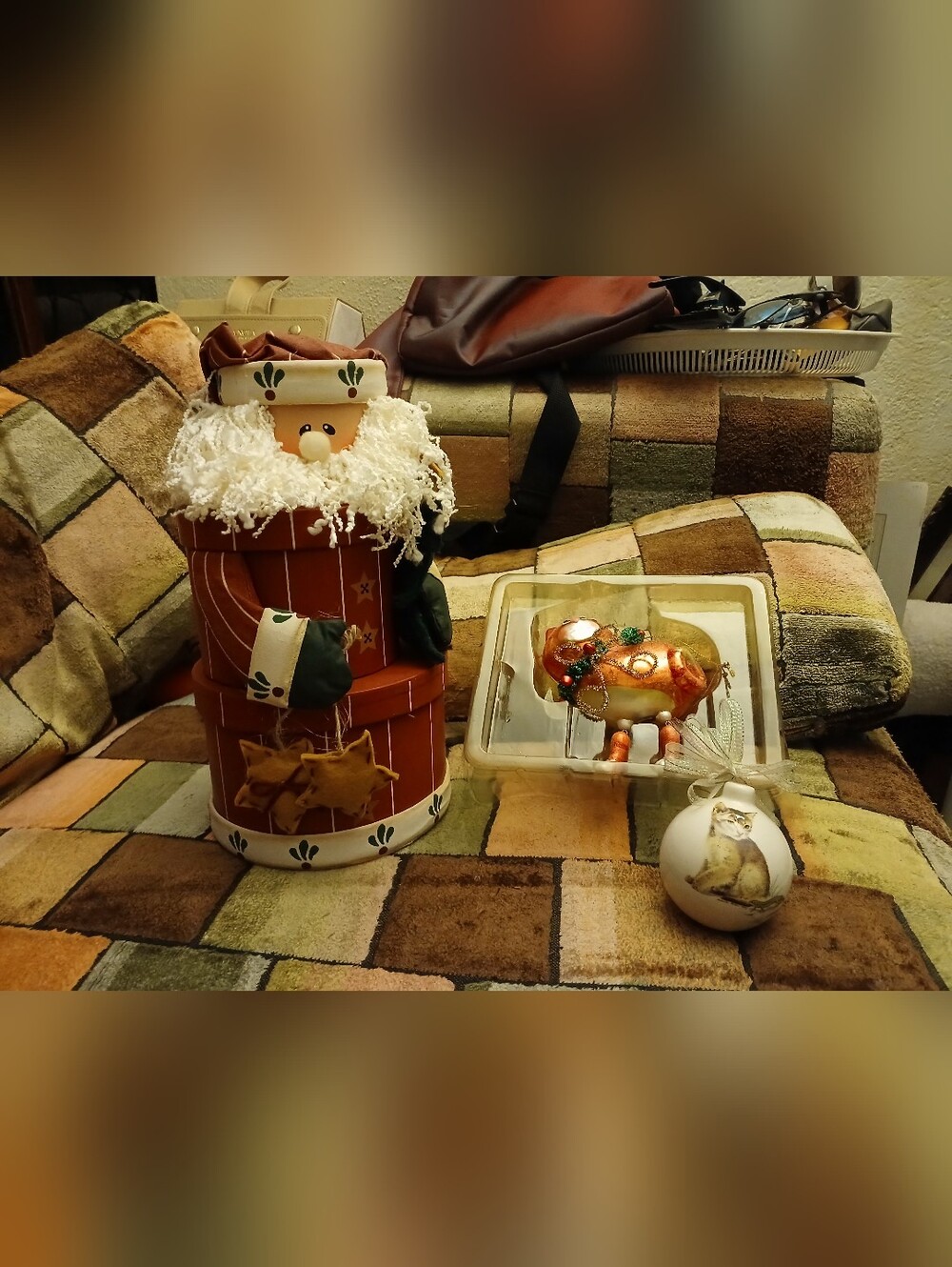 Red Stacked Santa Holiday Decor And Cat Three Figurines